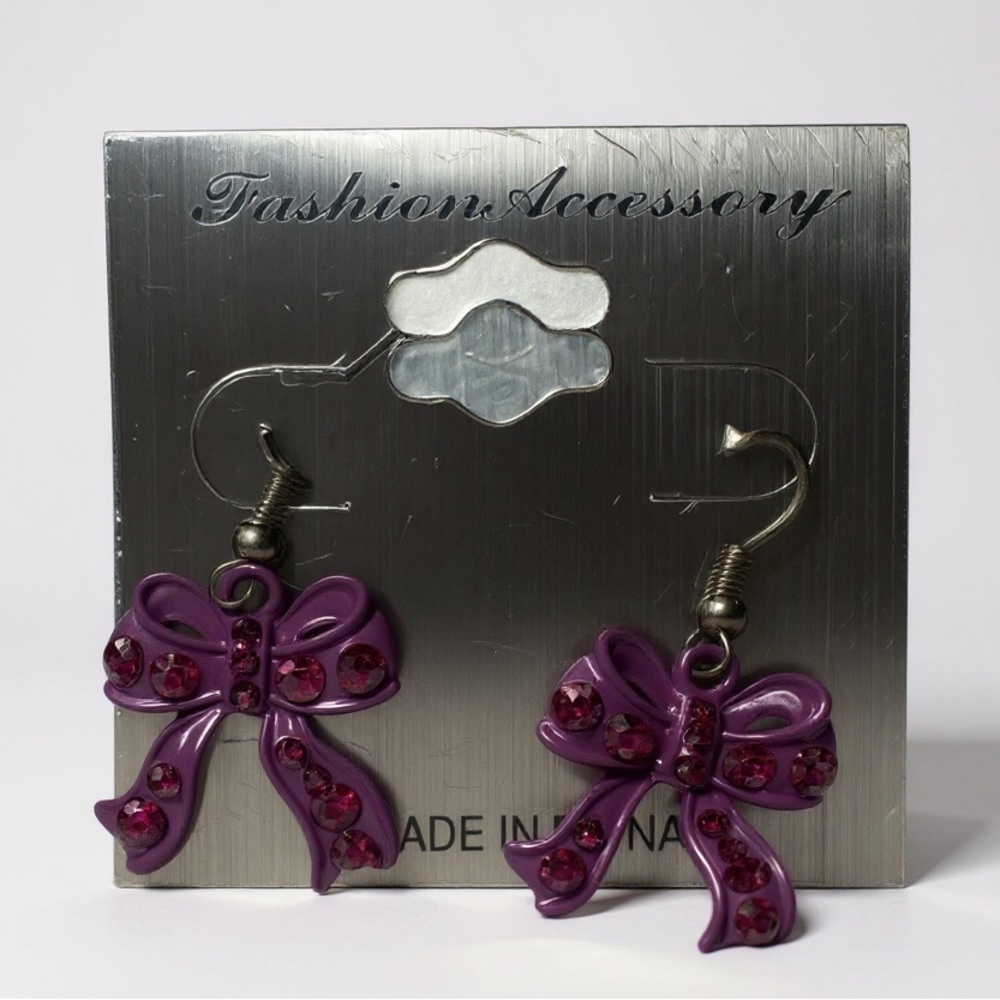 Chic Purple Bow Earrings with Pink Gems